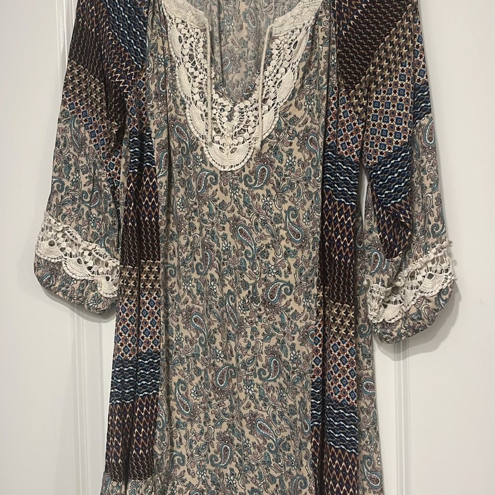 Bohemian Paisley Dress with Lace Accents
